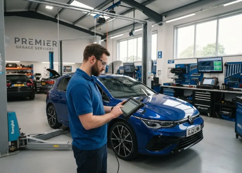 Modern auto service garage using digital diagnostic technology