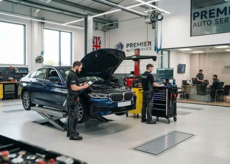 Auto service garage with modern vehicle diagnostic equipment