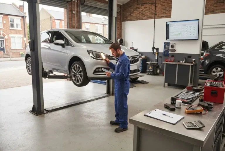 Car service cost trends being reviewed during vehicle maintenance at a UK auto service garage