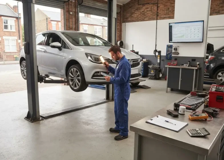 Car service cost trends being reviewed during vehicle maintenance at a UK auto service garage