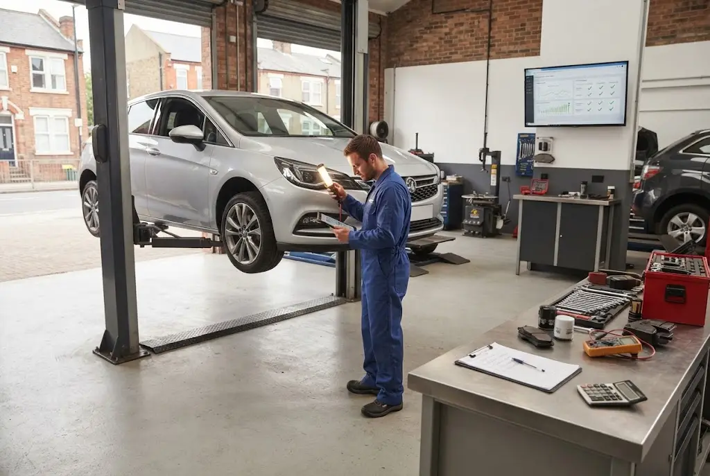 Car service cost trends being reviewed during vehicle maintenance at a UK auto service garage