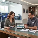 Car service plans discussed with a professional garage adviser