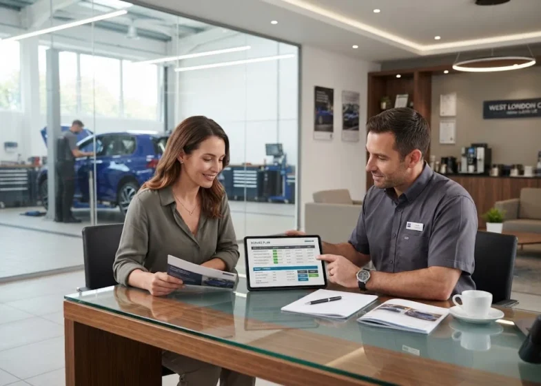 Car service plans discussed with a professional garage adviser