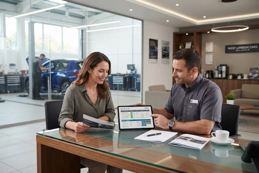 Car service plans discussed with a professional garage adviser