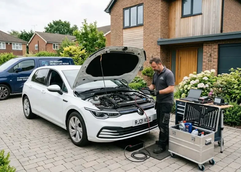 Mobile auto service provided by a professional mechanic at home