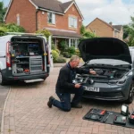 Mobile auto service technician repairing a vehicle at a customer location