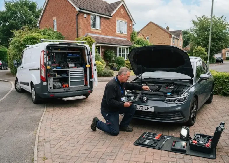 Mobile auto service technician repairing a vehicle at a customer location