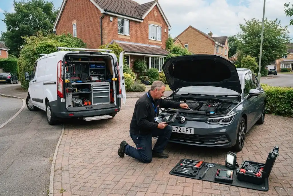 Mobile auto service technician repairing a vehicle at a customer location