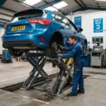 MOT and service inspection at a UK vehicle testing garage