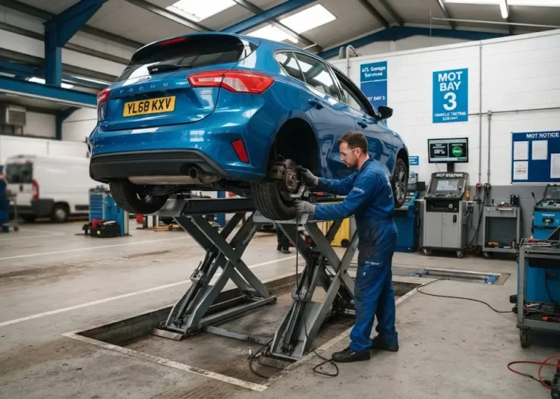 MOT and service inspection at a UK vehicle testing garage