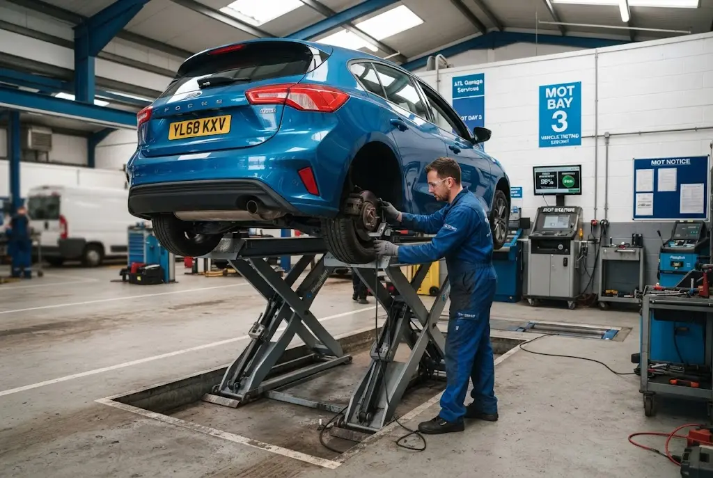 MOT and service inspection at a UK vehicle testing garage