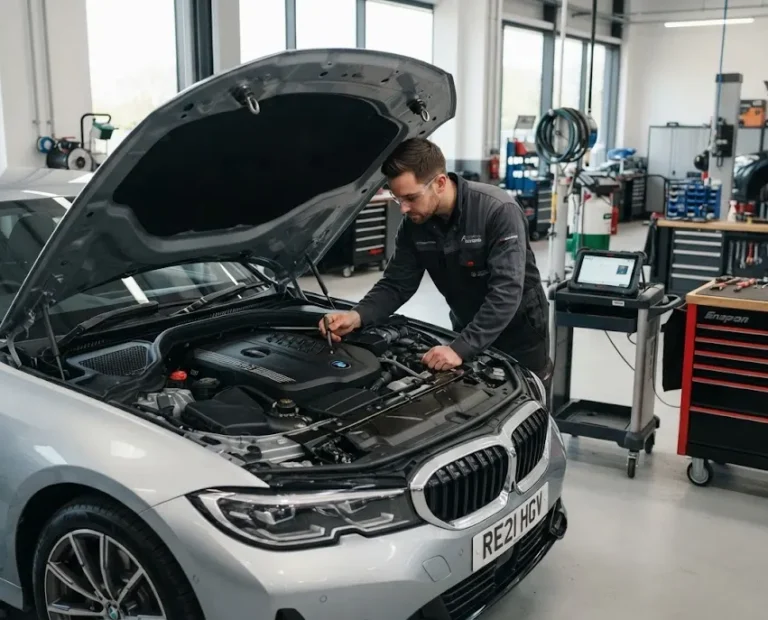 Vehicle maintenance inspection in a professional UK garage