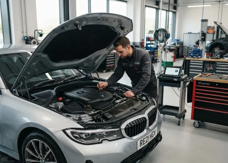 Vehicle maintenance inspection in a professional UK garage