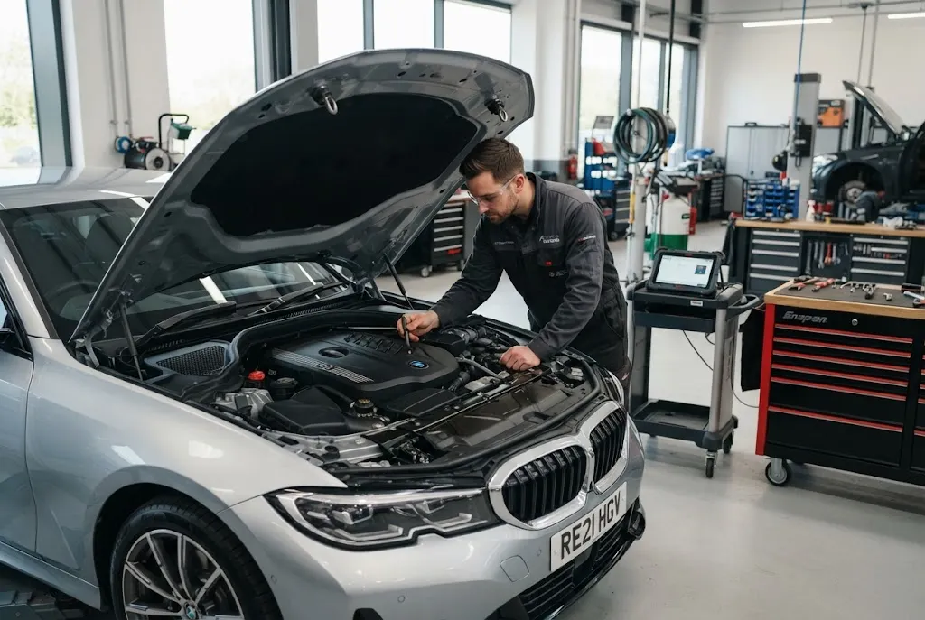 Vehicle maintenance inspection in a professional UK garage