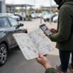Car service history records being checked at a UK garage