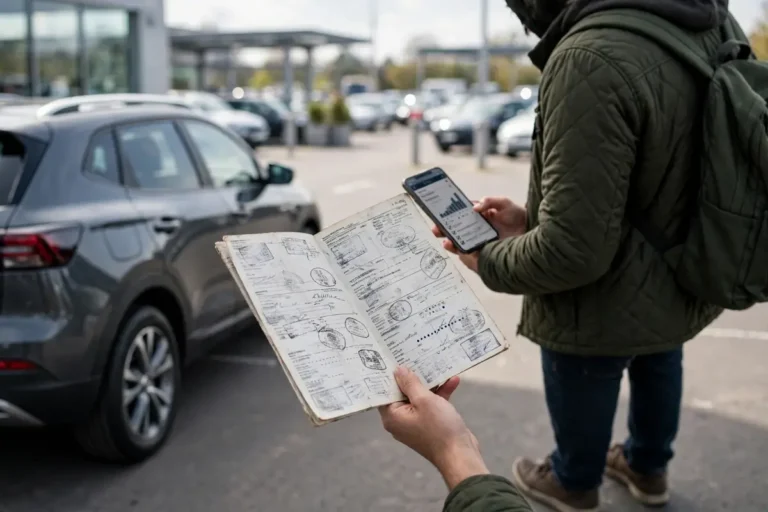 Car service history records being checked at a UK garage