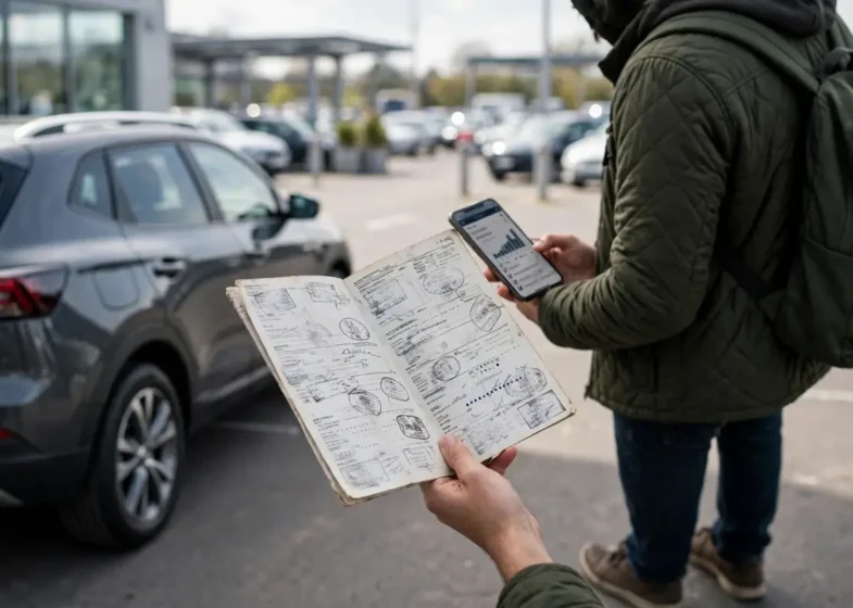 Car service history records being checked at a UK garage
