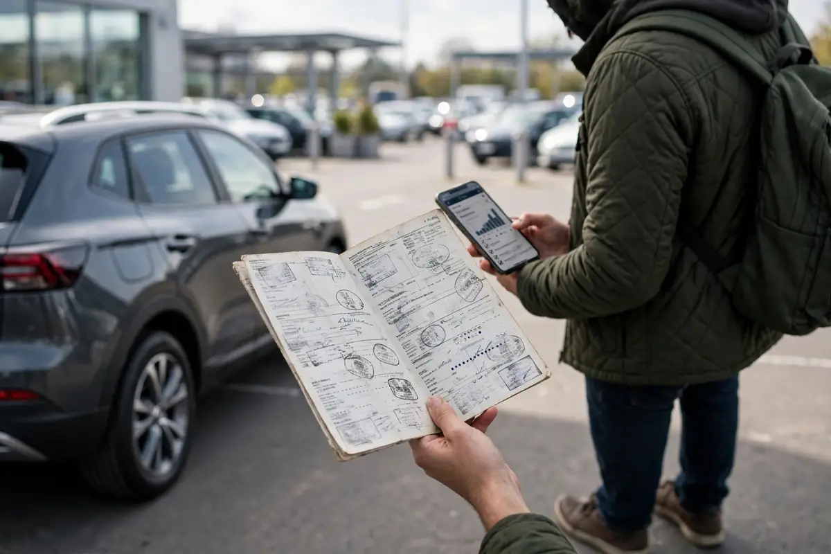 Car service history records being checked at a UK garage