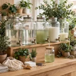 sustainable beauty products in refillable packaging with plants on a wooden table