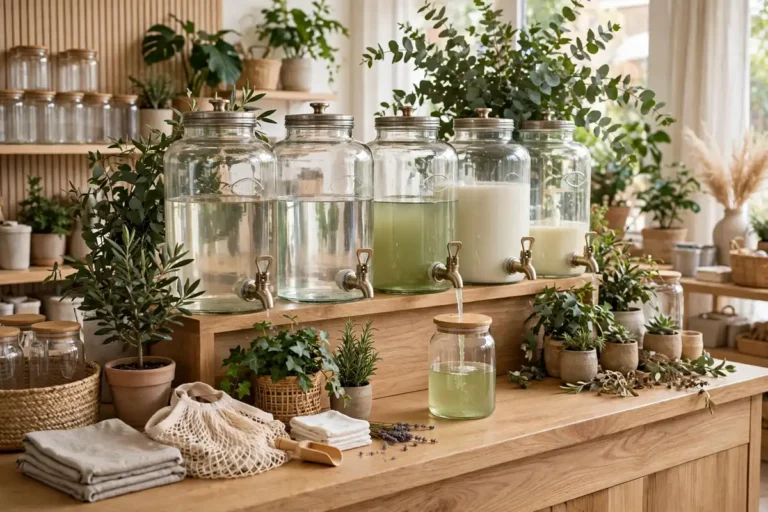 sustainable beauty products in refillable packaging with plants on a wooden table
