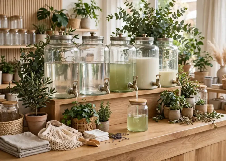 sustainable beauty products in refillable packaging with plants on a wooden table